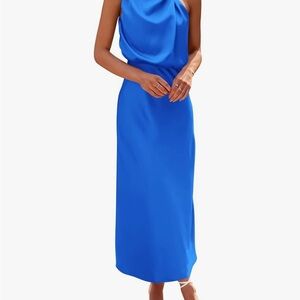 Elegant Blue Satin Sleeveless Women's Dress